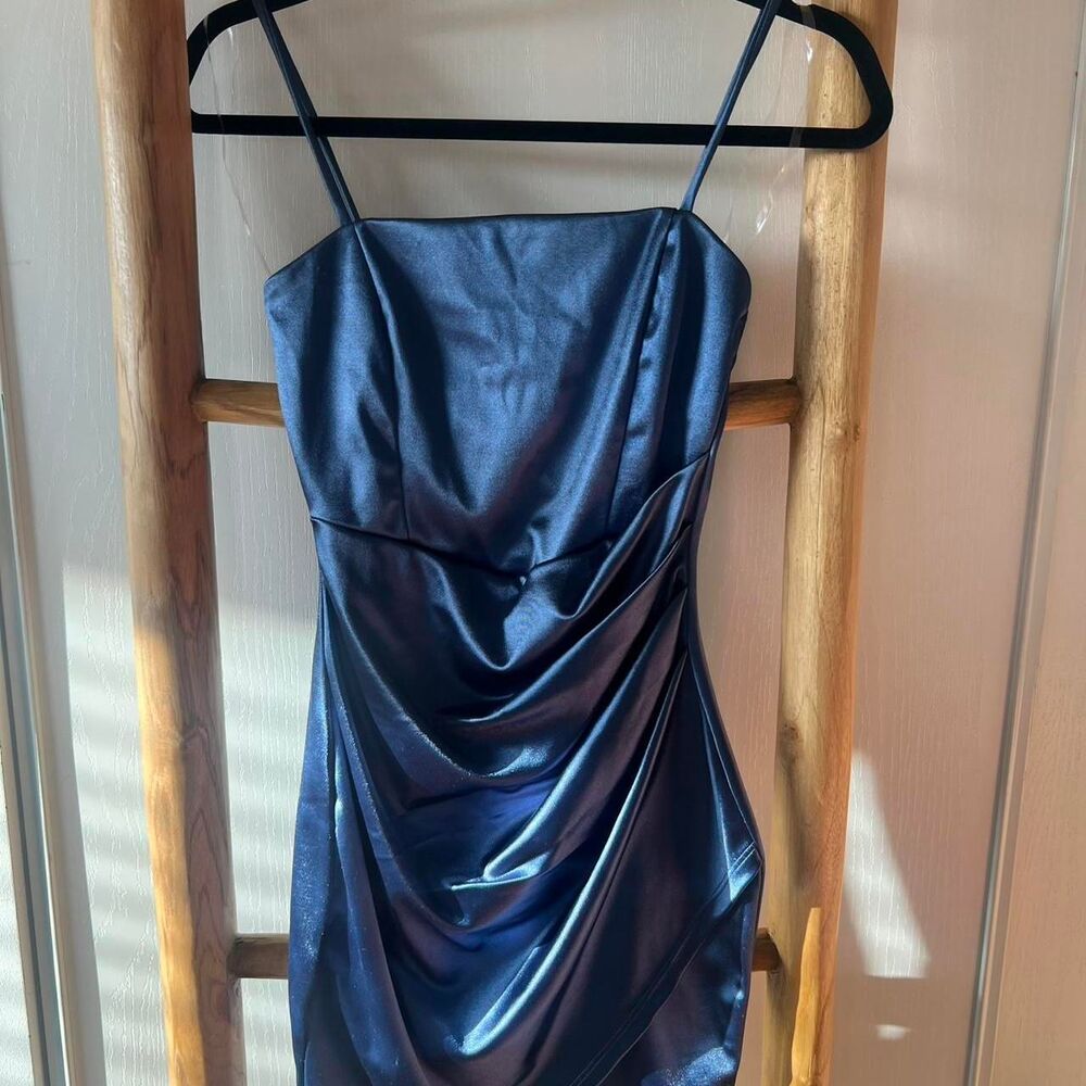 Windsor Womens Blue Satin Ruched Bodycon Strappy Mini Dress XS